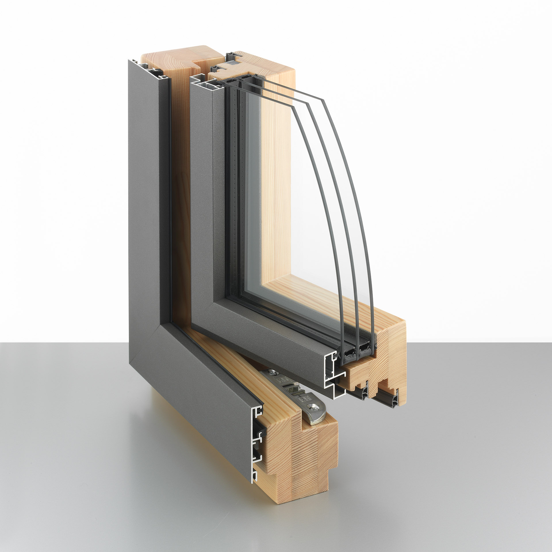 Musterwinkel in grau und Holz mit 3-fach Isolierung. Feigfotodesign