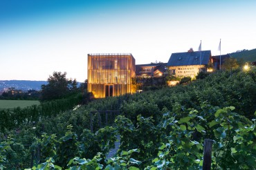 Architekturfotografie Fotograf Studio Oberfranken Außenansicht Weingut am Stein in Würzburg mit Blick auf Vinothek und Weinberg. Feigfotodesign