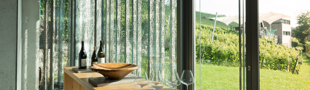 Architekturfotografie Fotograf Studio Oberfranken Architekturaufnahme der Vinothek von innen mit Fensterfront und Blick auf Weinberg. Feigfotodesign